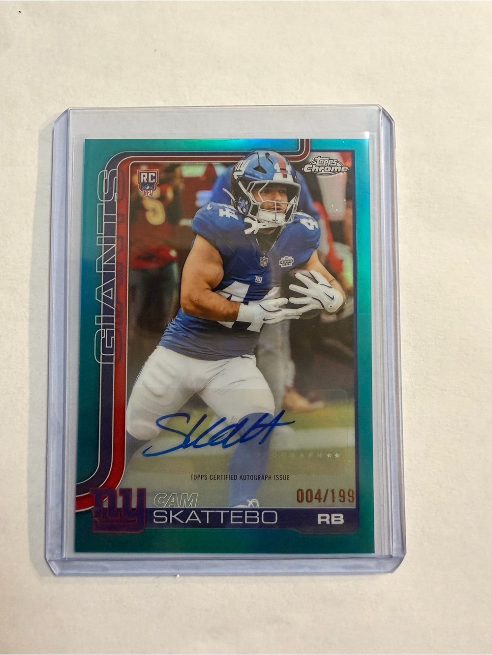 🔥2025 Topps Chrome Cam Skattebo Aqua Auto Refractor /199